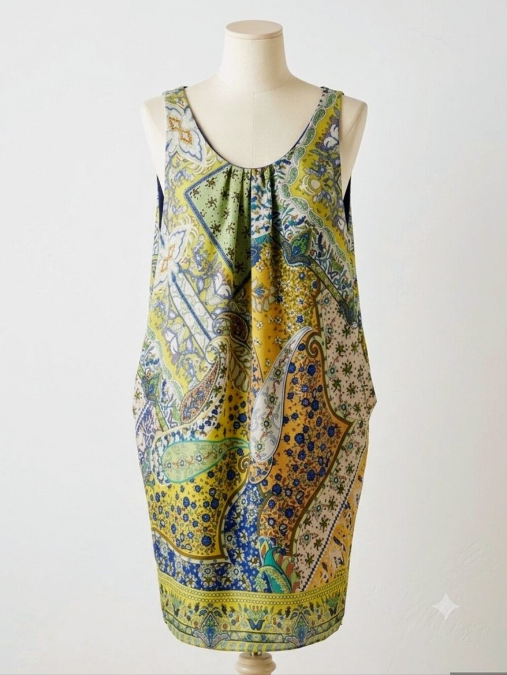 Sleeveless Paisley Midi Dress in Yellow and Green Made In Italy Size M